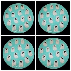 X4 Nicole Miller Halloween Beaded Aqua Sparkly Ghost Placemat Chargers 15" New